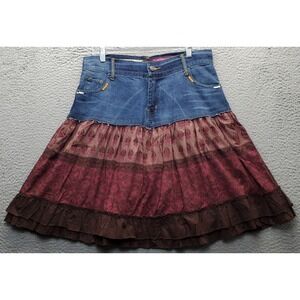 Dimri Funky Denim Tiered Skirt Womens Large Multi Pleated Waist Ruffle Trim Hem